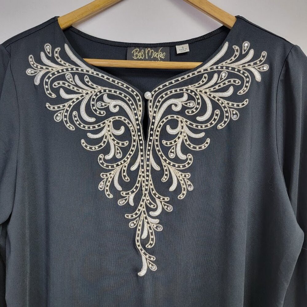 Bob Mackie Wearable Art Black Maxi Dress Size S Embroidery 3/4 Sleeve Whimsigoth - Picture 2 of 13